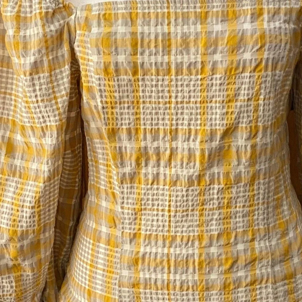 Anthropologie Maeve Plaid Print Square-Neck Blouse Puff Sleeves Cream Yellow Top
